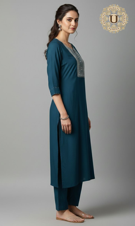 Teal Blue Sequins Blended Crepe Kurti with Trouser