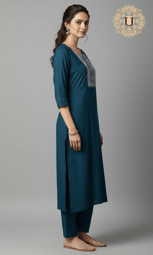 Teal Blue Sequins Blended Crepe Kurti with Trouser M U fashion