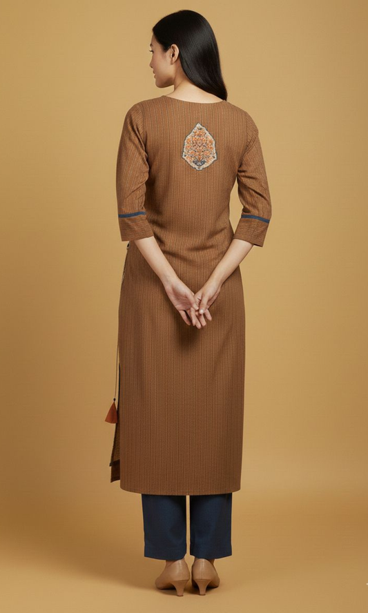 Beige and Brown Thread Strieght Cut Kurti