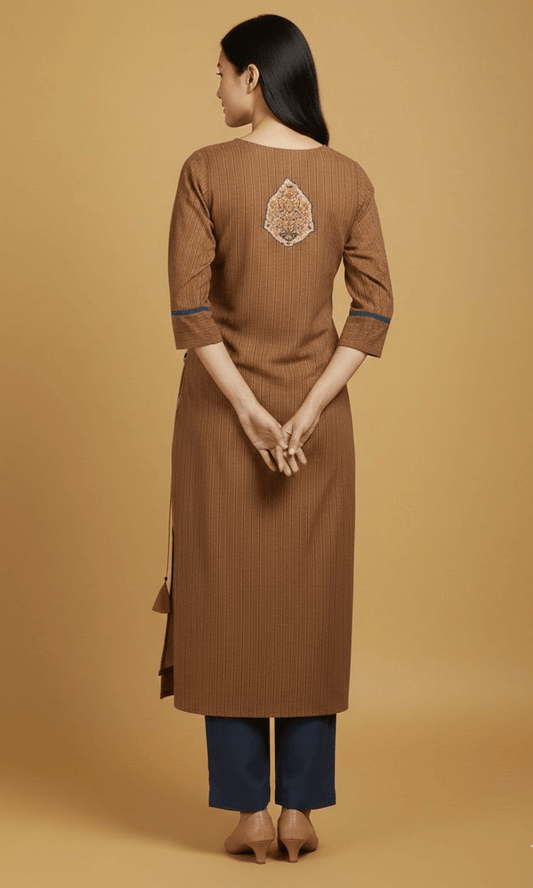 Beige and Brown Layered Straight cut Long Kurti U fashion