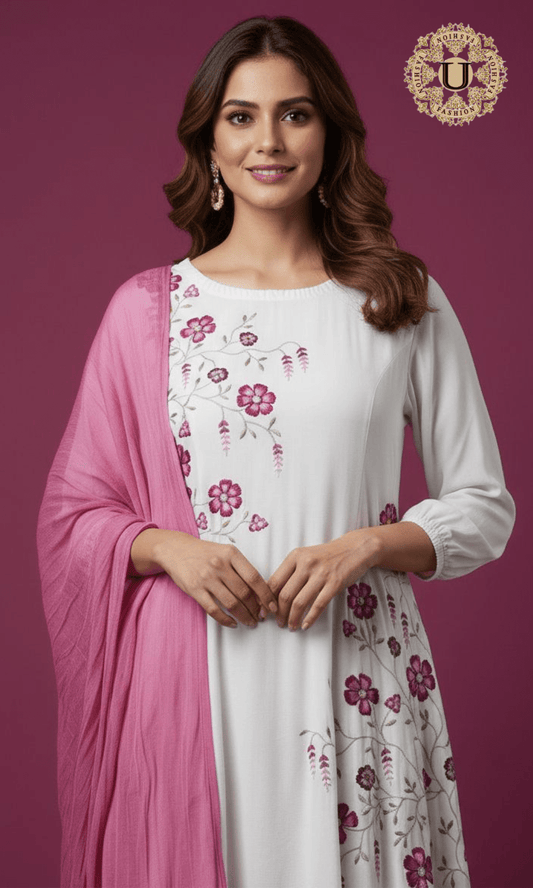 White Bamboo Silk Suit Set with Purple Floral Embroidery White U fashion