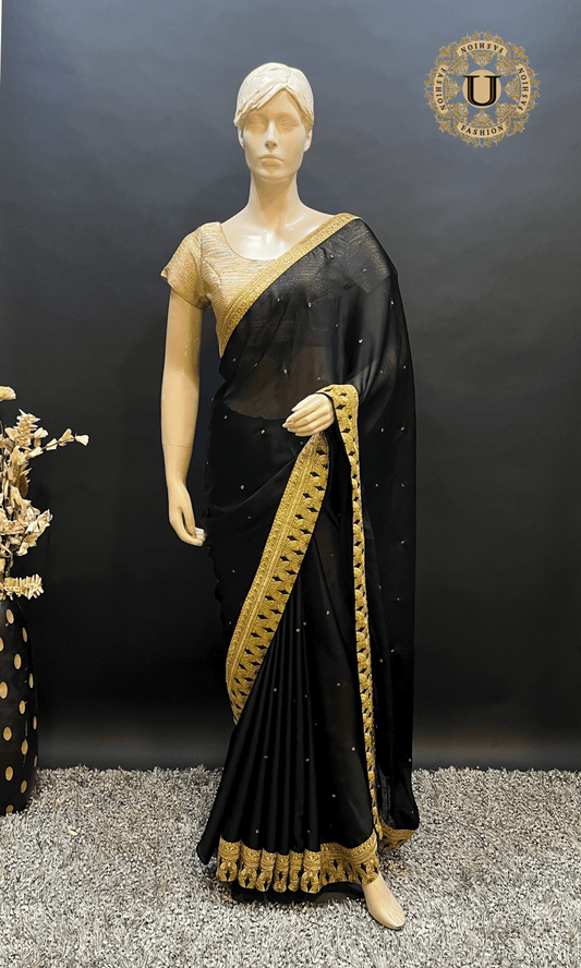 Black Georgette with Lime green Border Saree U fashion