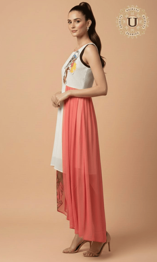 Peach and White Crepe Indo Westren Dress M U fashion