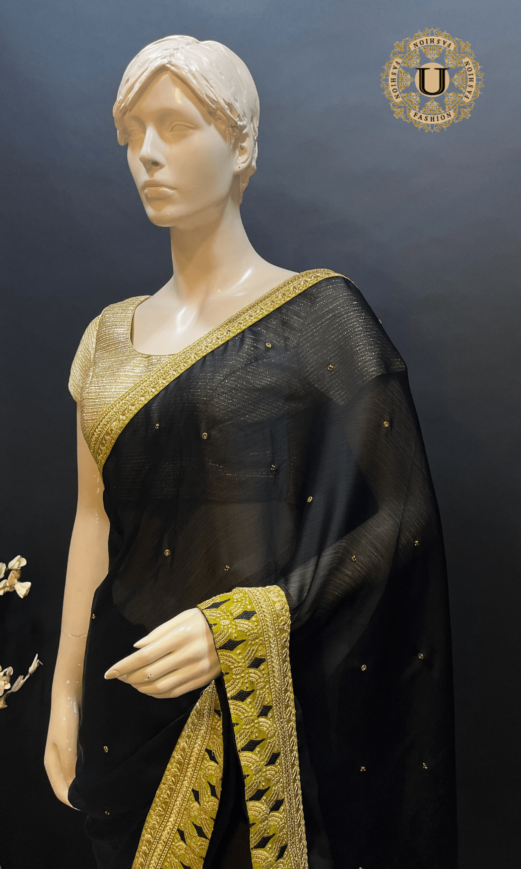 Black Georgette with Lime green Border Saree U fashion