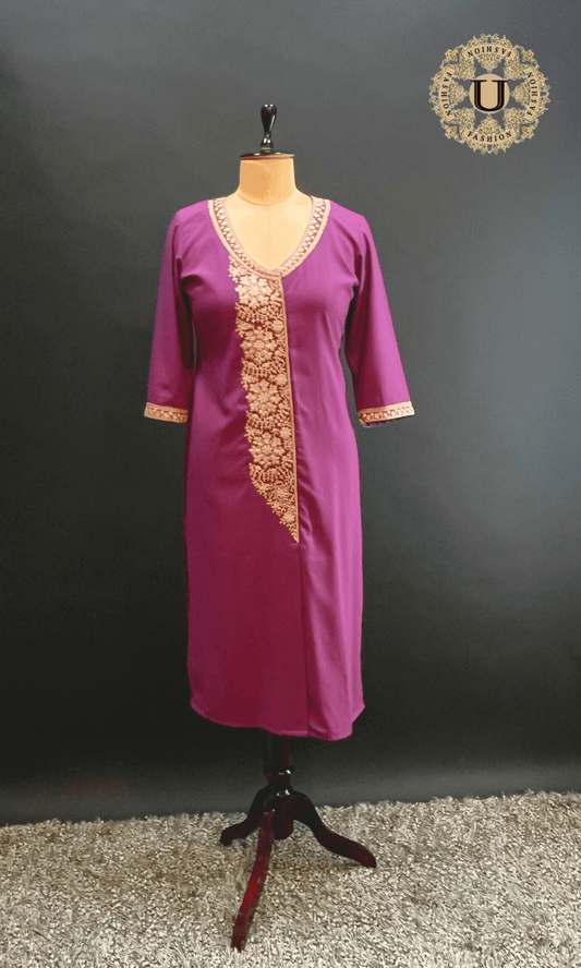 Purple Spun Long Kurti with Dori Embroidery | Anarkali-Inspired Straight Cut U fashion