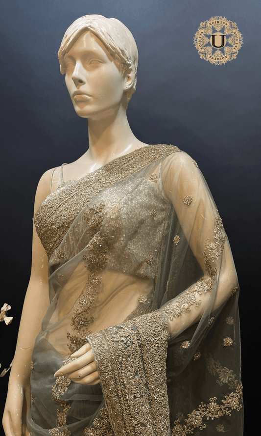 Gray Embroidered Partywear Net Saree with Running Blouse Piece U fashion