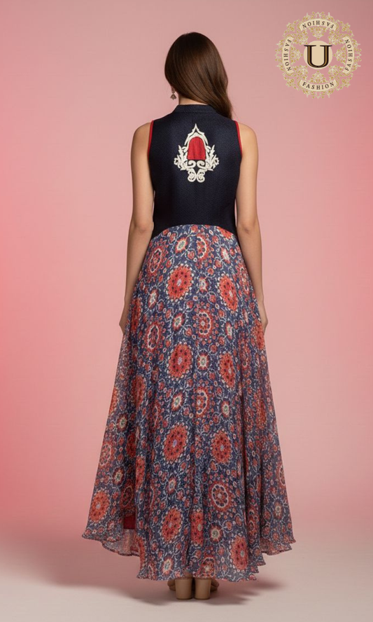 Blue and Red Crape Indo Western Long Dress
