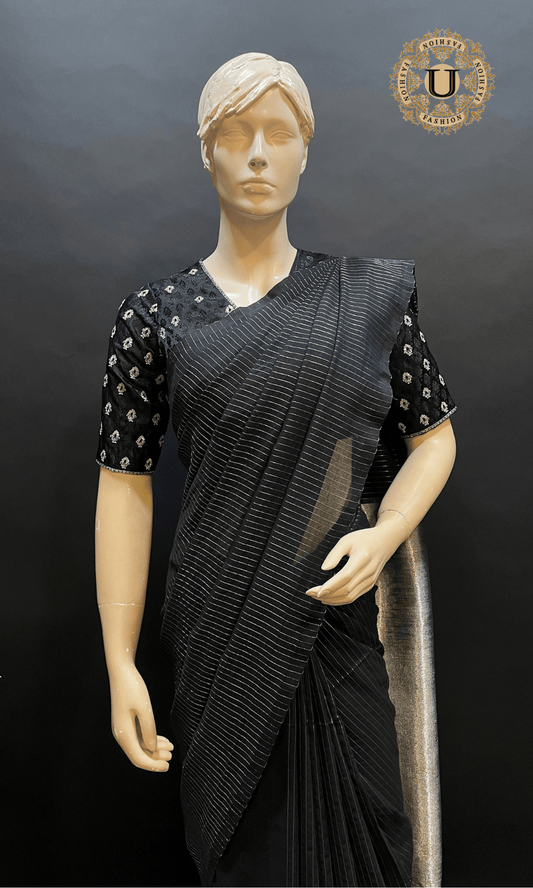 Black with Silver stripes Mul Cotton Saree U fashion
