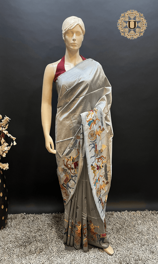 Gray Egyptian Art Embroidered Silk Saree U fashion