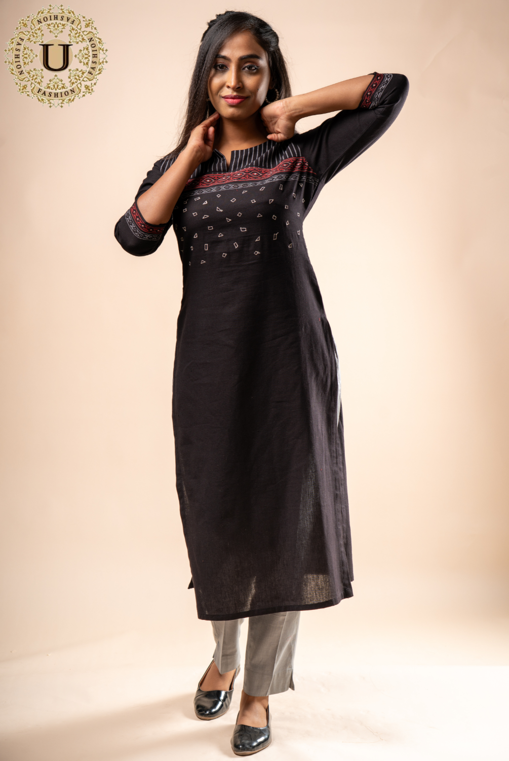 Black Cotton Embroidered Long Kurti