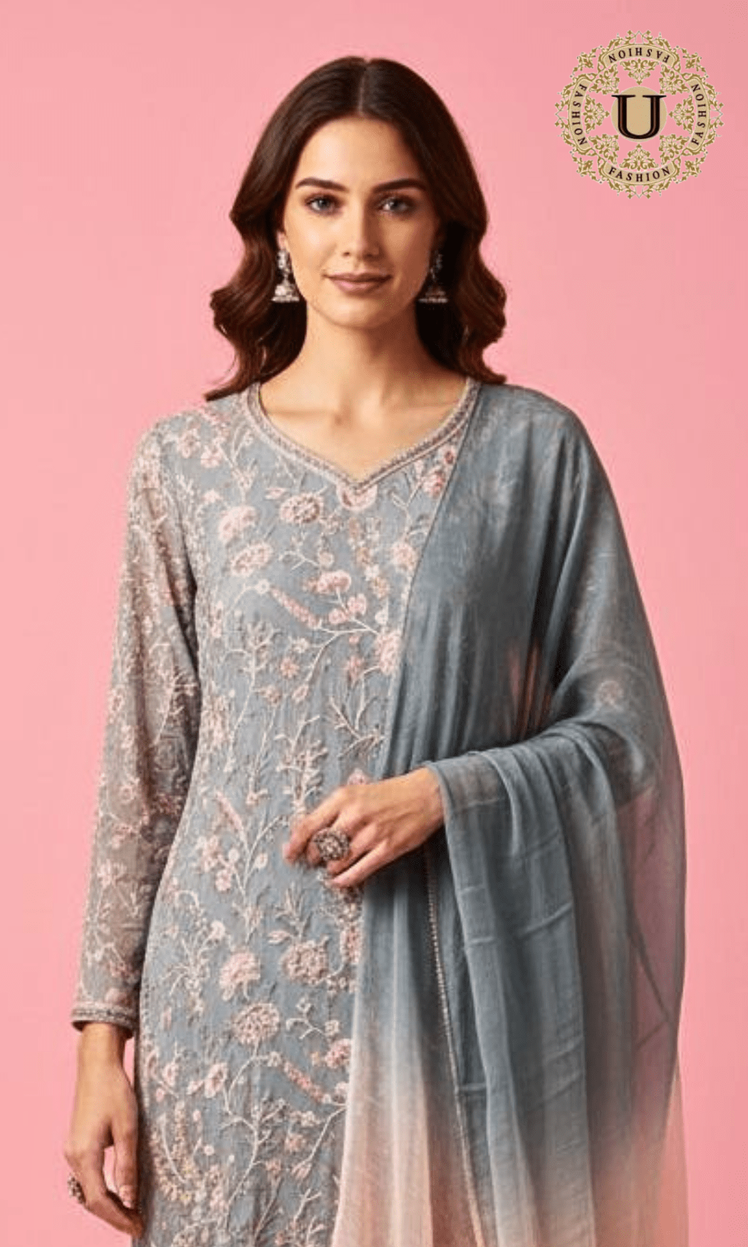 Grey and Pink Georgette Emroidered Suit U fashion