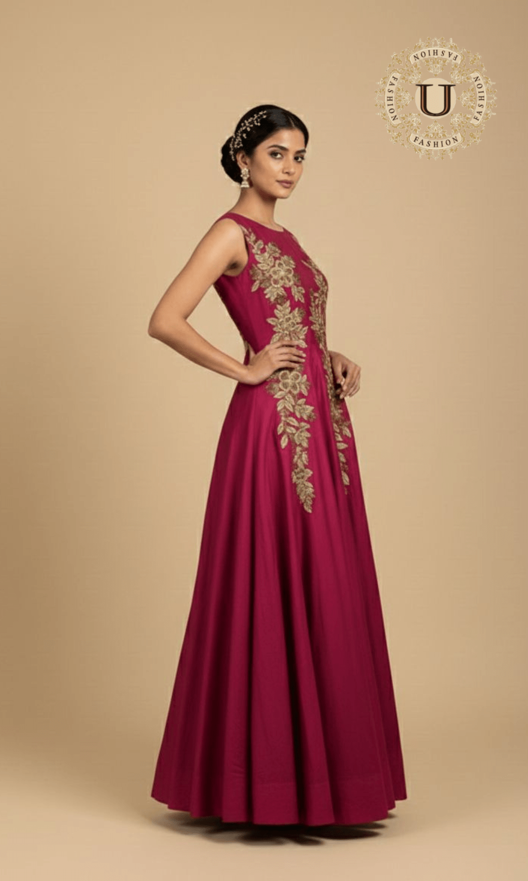Burgandy Raw Silk Zari Work Party Gown U fashion