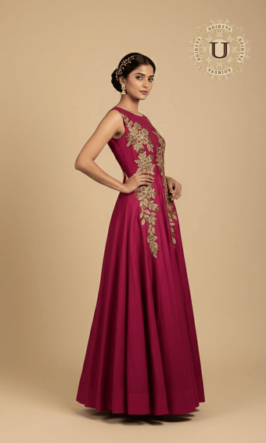 Burgandy Raw Silk Zari Work Party Gown U fashion