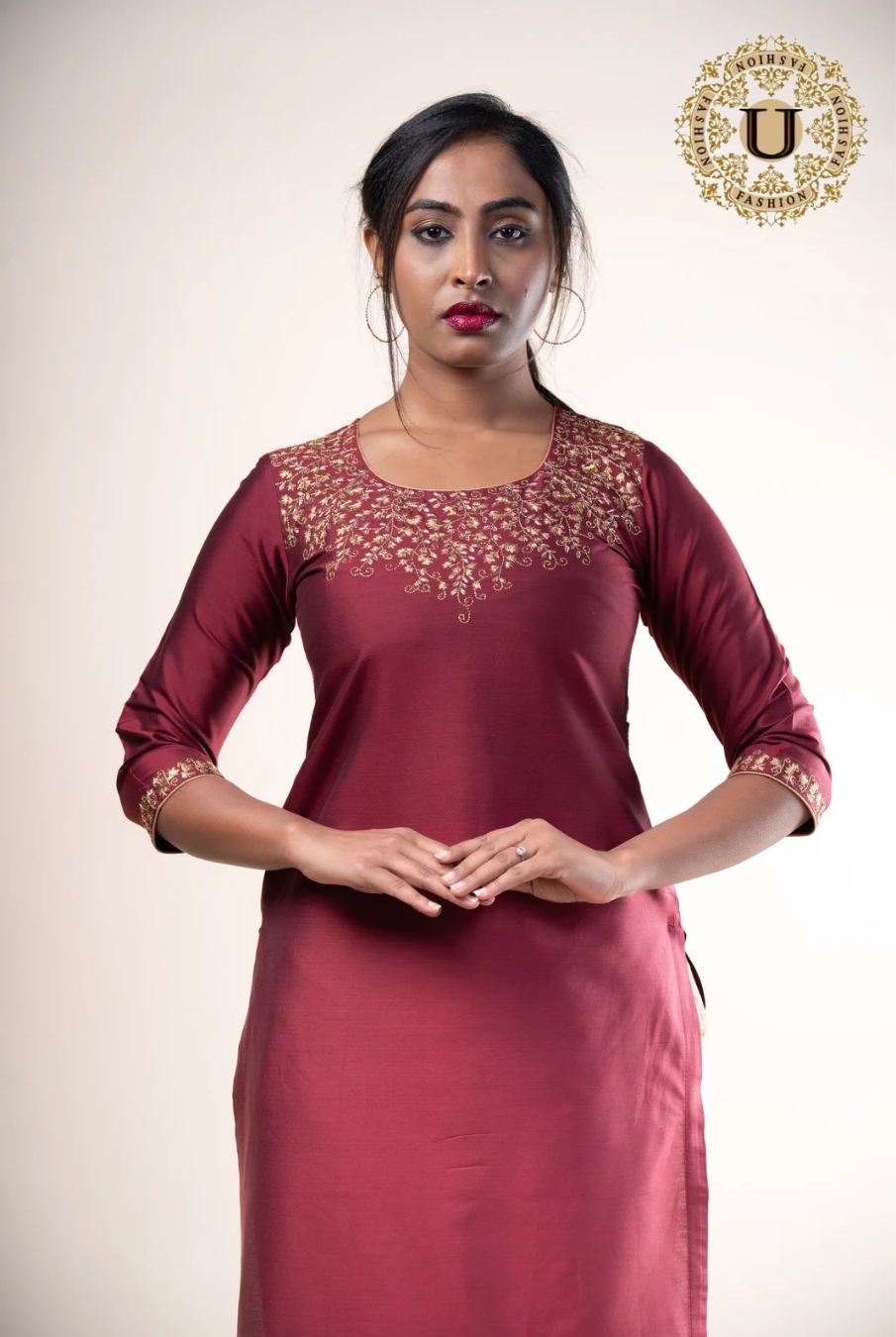 Wine Color Silk Cotton Gold Zari Embroidered Long Kurti