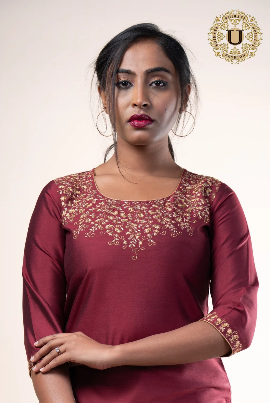 Wine Color Silk Cotton Gold Zari Embroidered Long Kurti