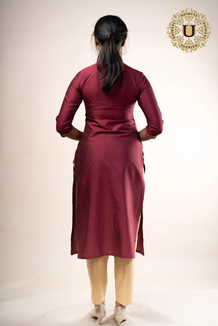Wine Color Silk Cotton Gold Zari Embroidered Long Kurti