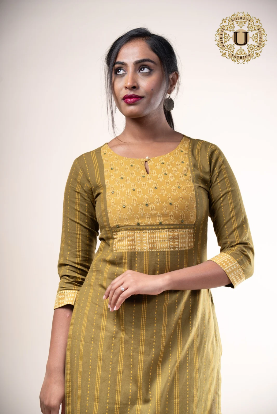 Olive green woven cotton embroidered long kurti