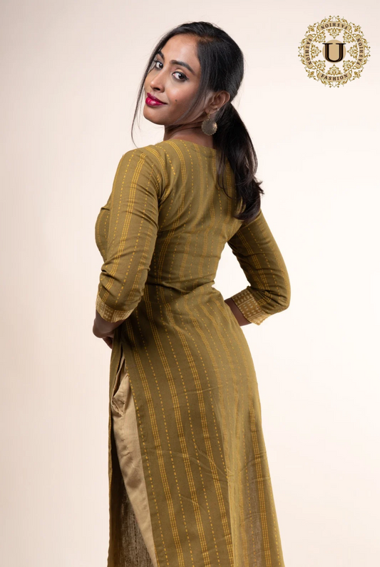 Olive green woven cotton embroidered long kurti