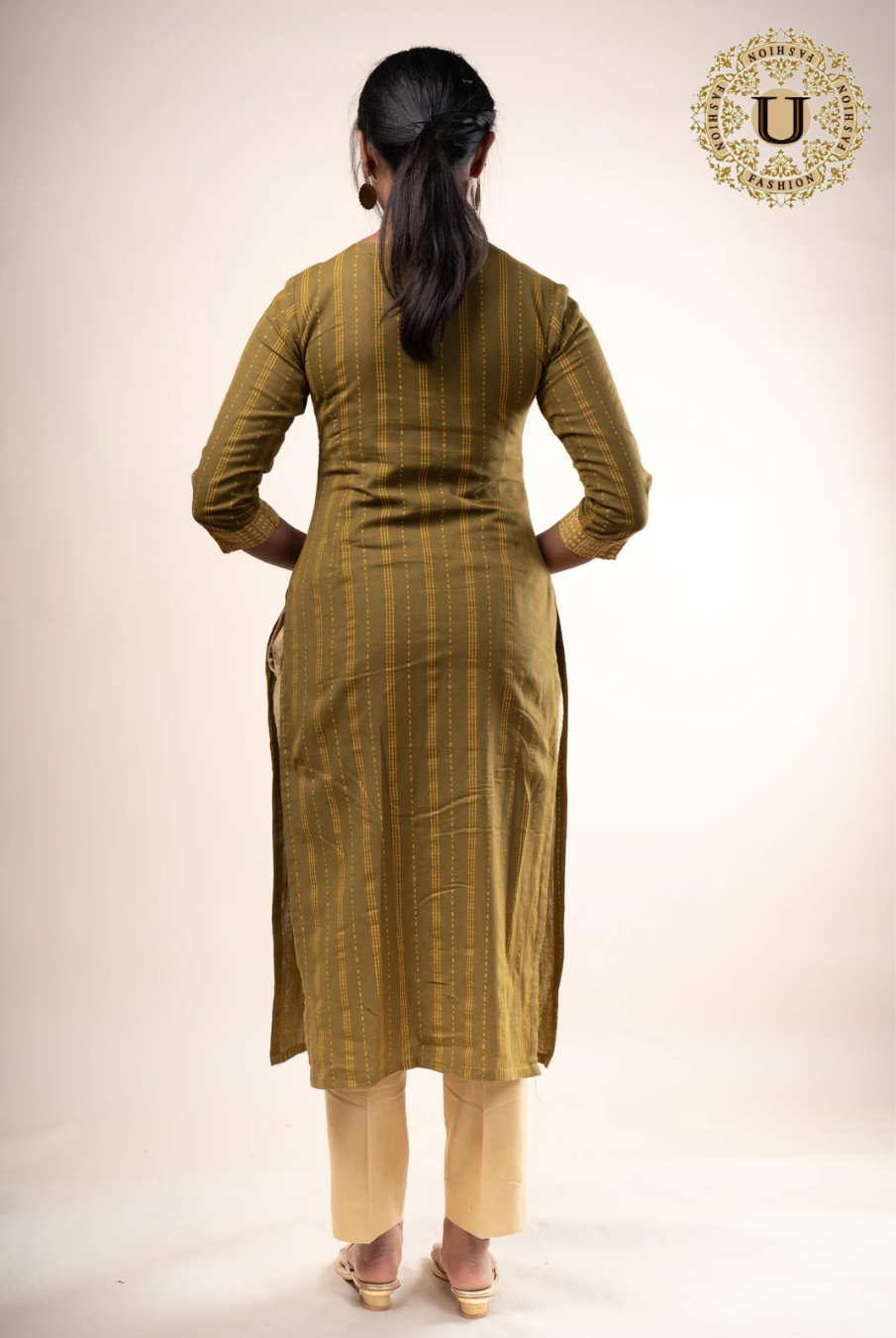 Olive green woven cotton embroidered long kurti