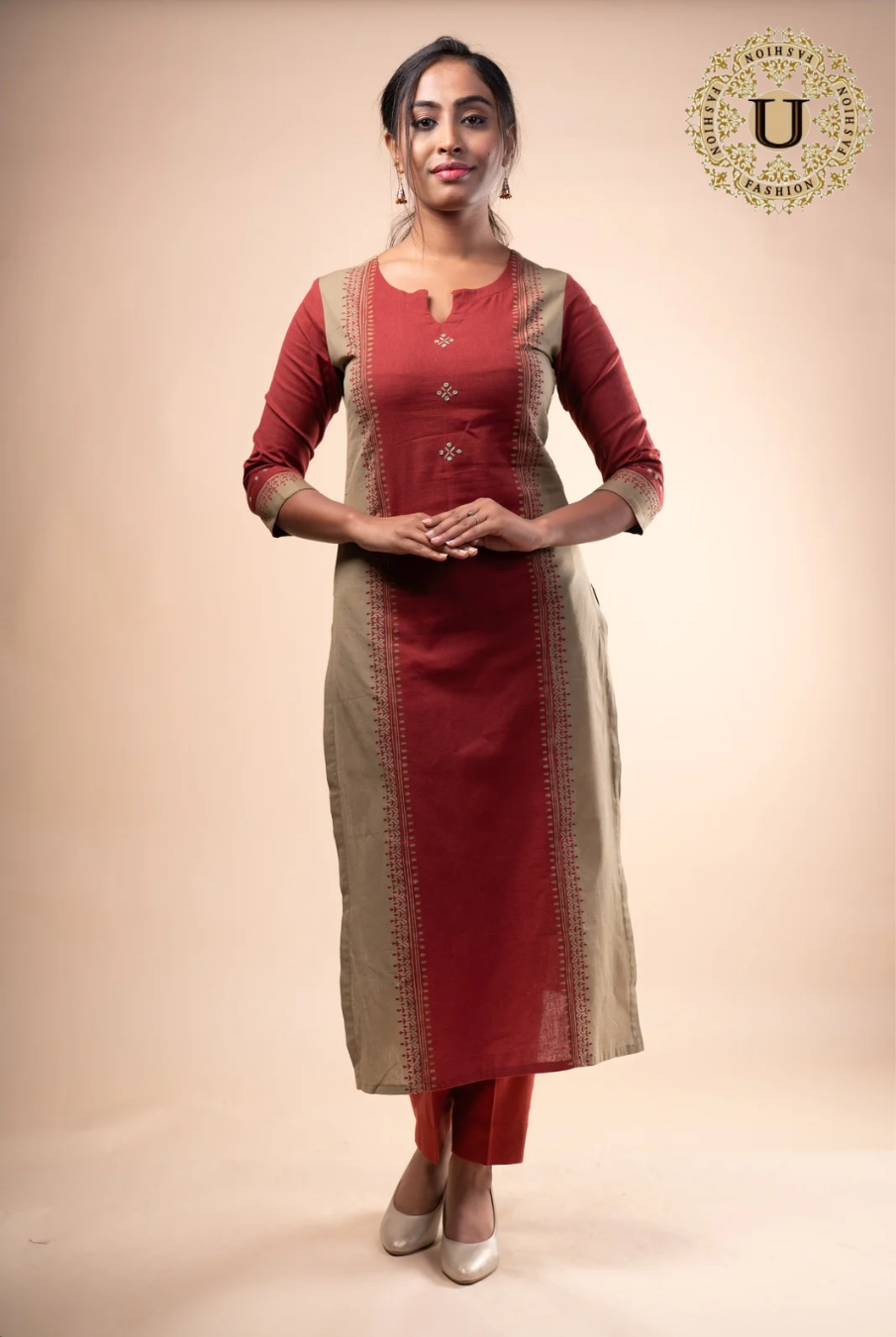 Cotton Rust Block Printed Long Kurti