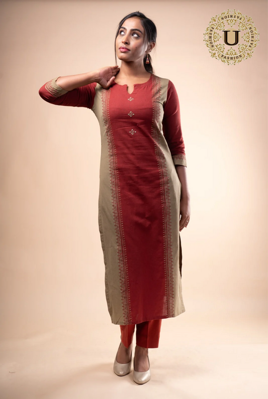 Cotton Rust Block Printed Long Kurti