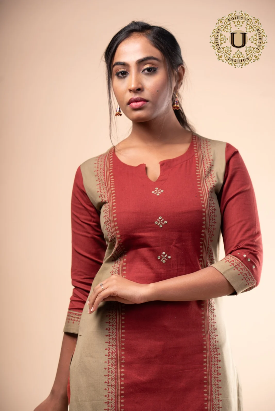 Cotton Rust Block Printed Long Kurti