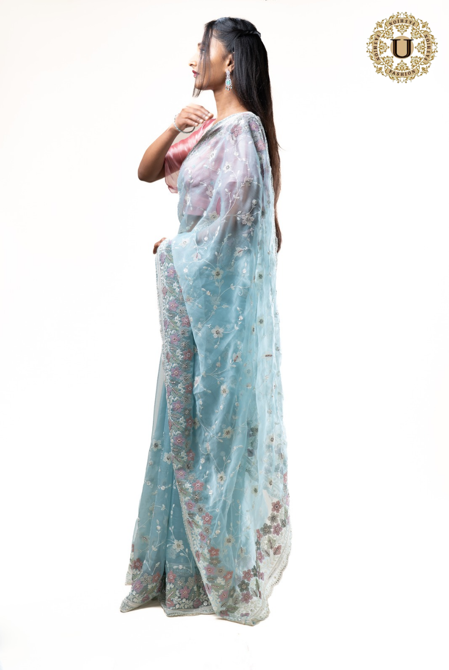 Powder Blue Organza With Floral Embroidered Saree