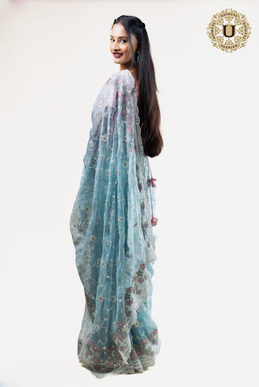 Powder Blue Organza With Floral Embroidered Saree