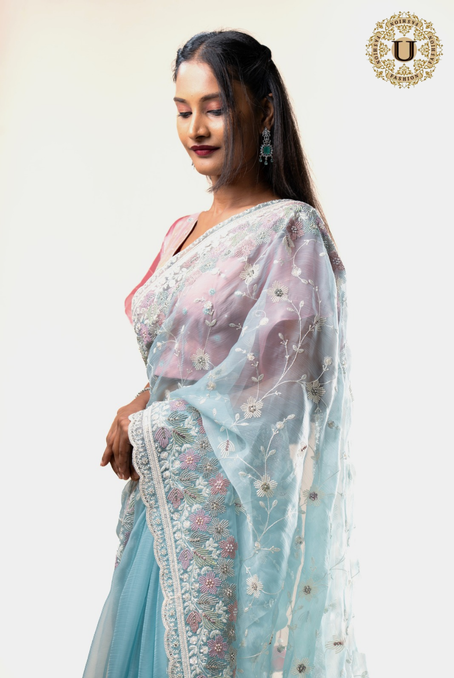 Powder Blue Organza With Floral Embroidered Saree