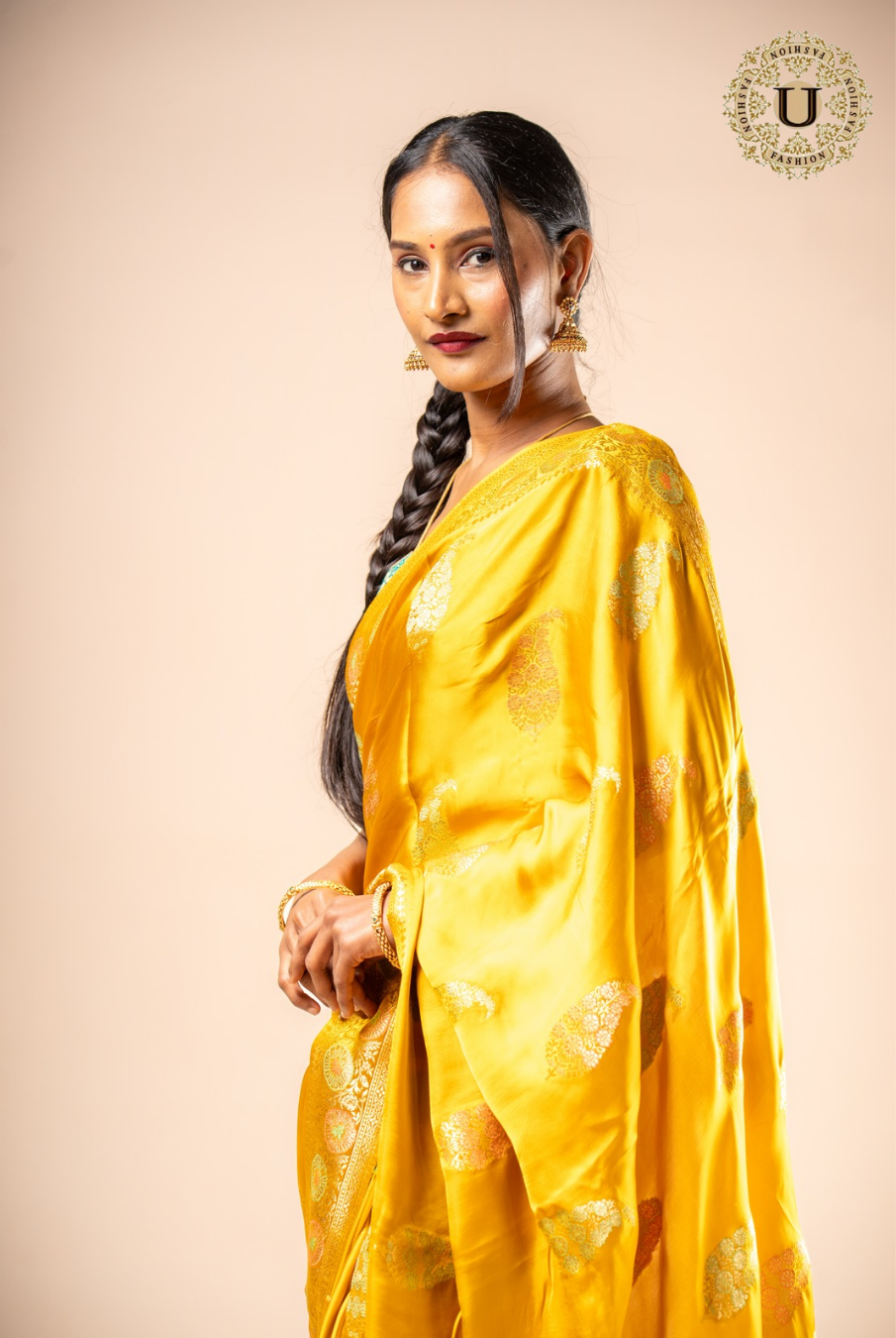 Yellow Semi Satin Silk Zari Border Saree
