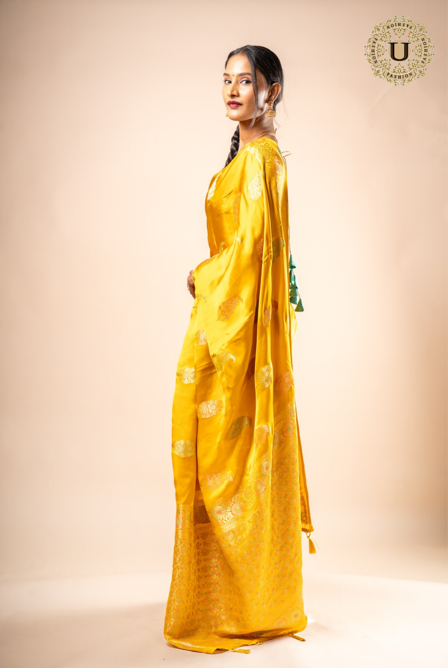 Yellow Semi Satin Silk Zari Border Saree