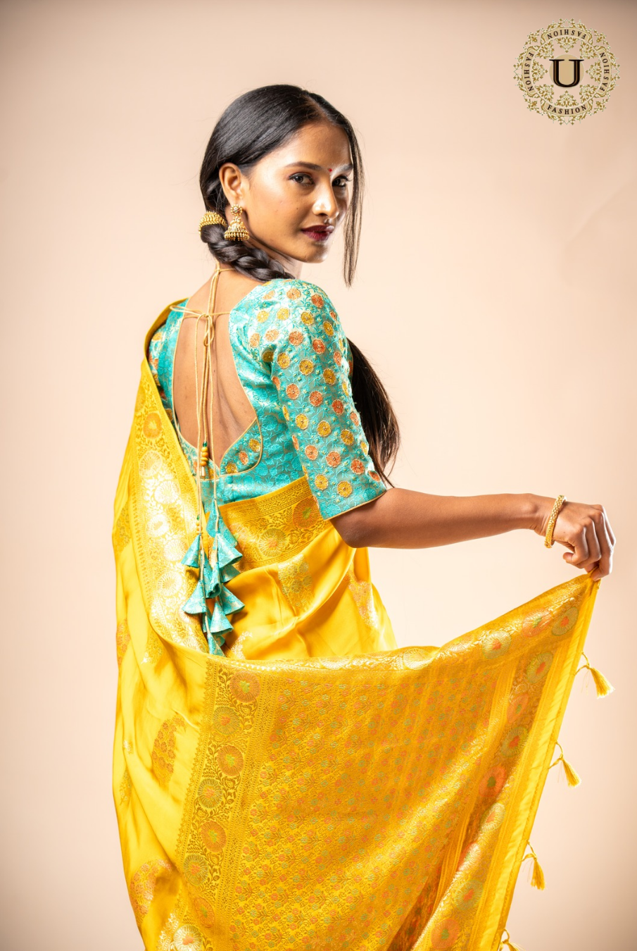 Yellow Semi Satin Silk Zari Border Saree
