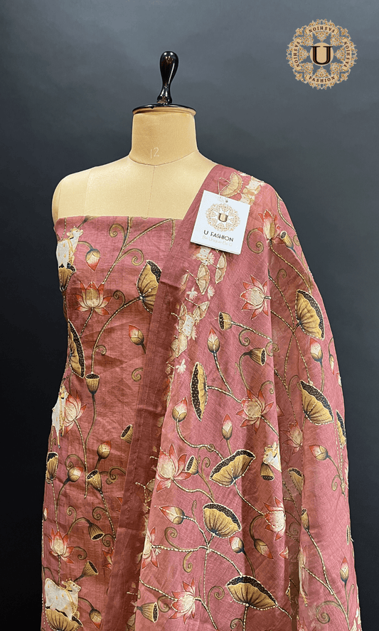 Onion Pink Pichwai Printed with Kanta Work Un Stitched Suit. U fashion