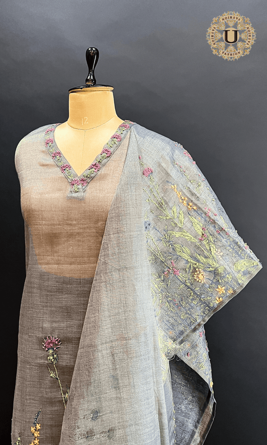 Grey Floral Thread Work Un Stitched Suit. U fashion
