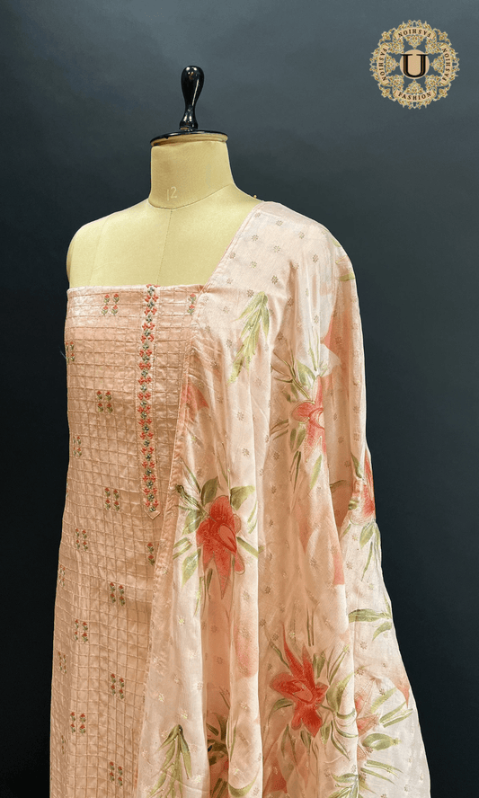 Peach Hand Embroidered and Painted Un Stitched Suit. U fashion