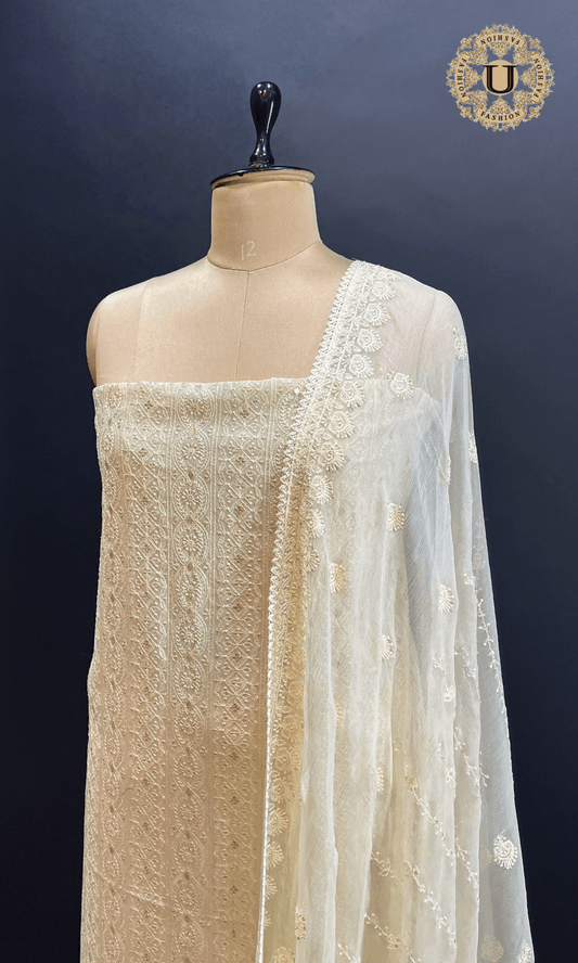 Light Yellow Self Embroidered Georgette Un Stitched Suit. U fashion