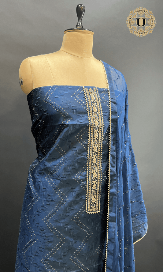 Blue Silk Cotton Bandhani with Embroidered Un Stitched Suit. U fashion
