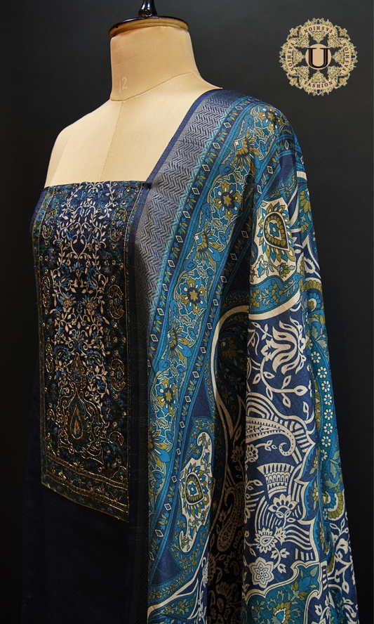 Blue Hand Embroidered Yoke with Printed Dupatta Un Stitched Suit.