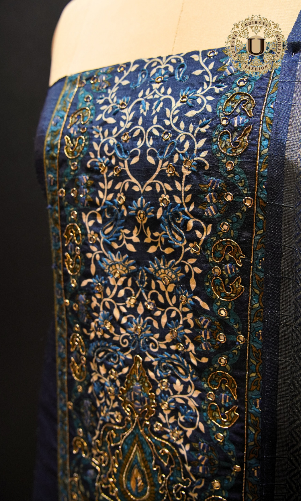 Blue Hand Embroidered Yoke with Printed Dupatta Un Stitched Suit.