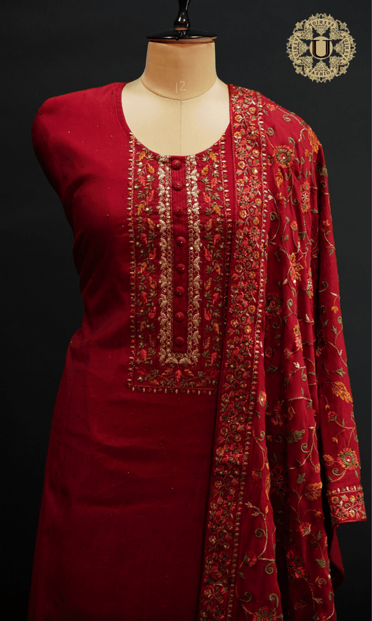 Red Blended Crape Thread and Zari Embroidered Un Stitched Suit U fashion