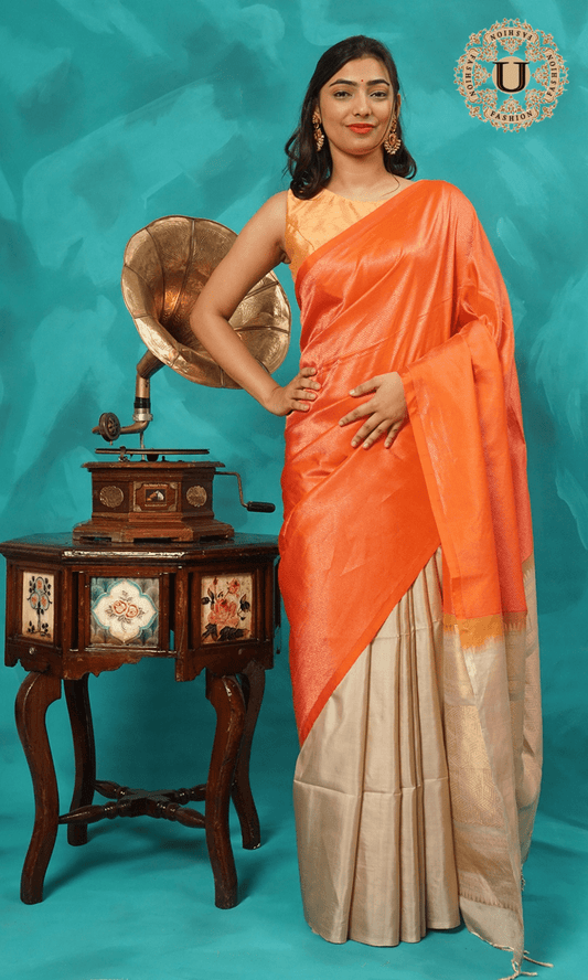 Orange and beige half n half pure silk saree U fashion