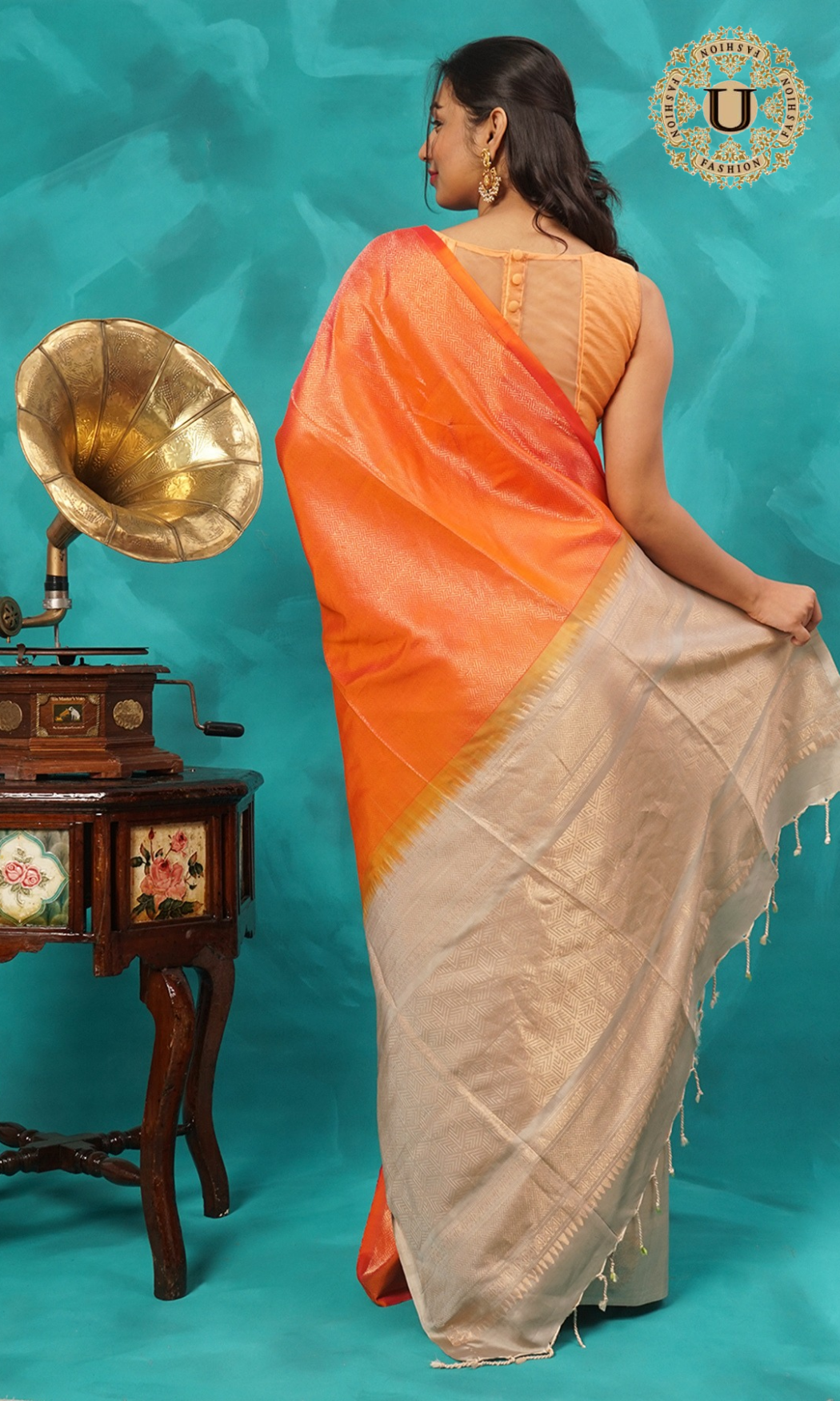 Orange and beige half n half pure silk saree