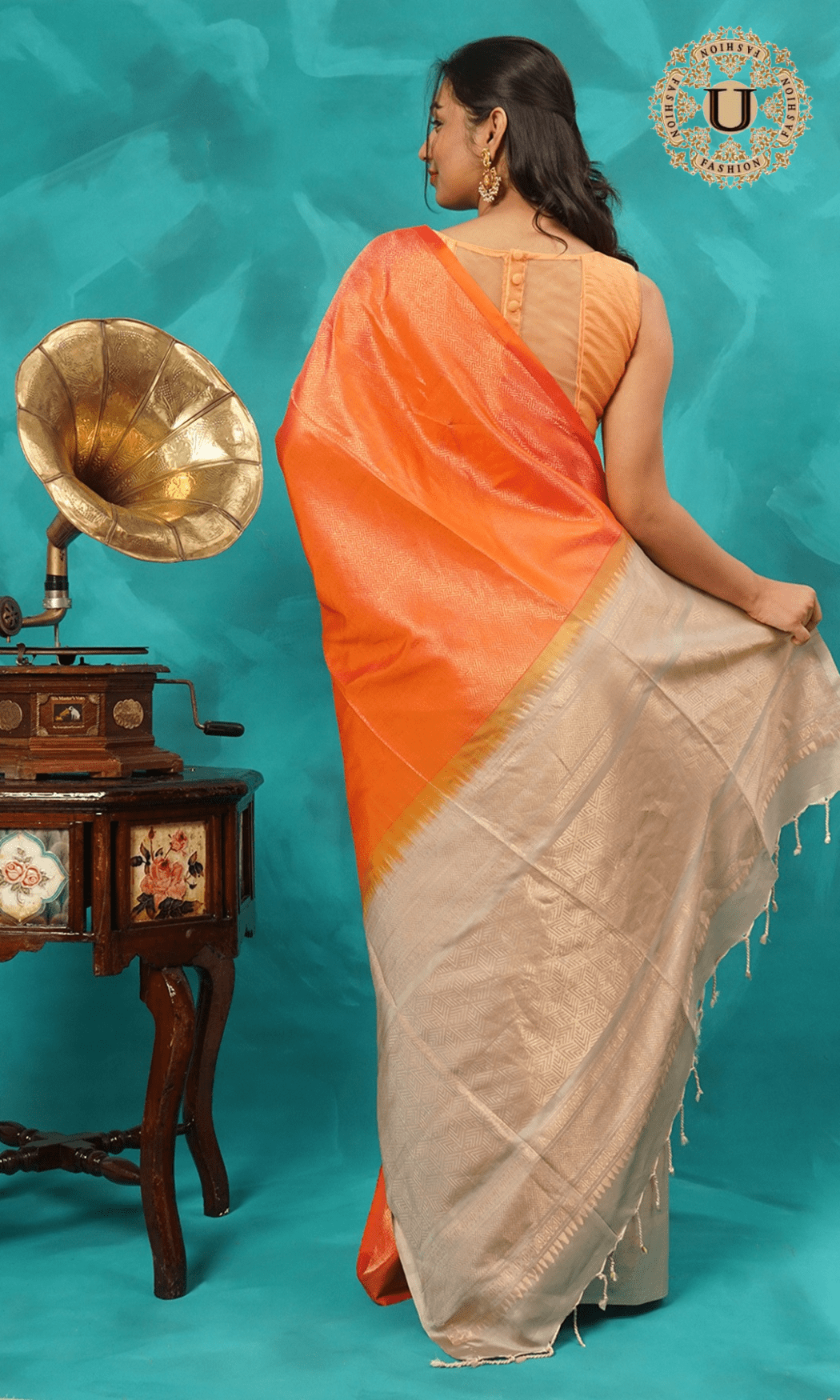 Orange and beige half n half pure silk saree U fashion