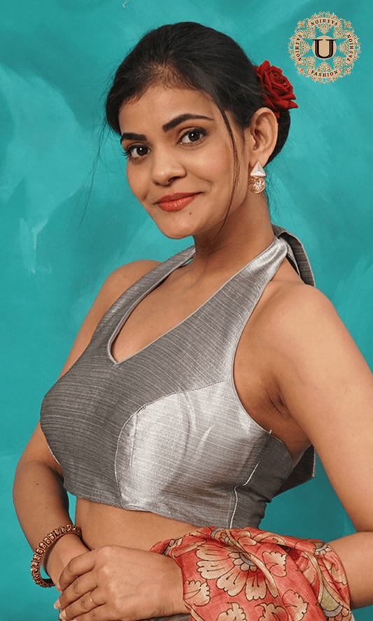 Silver halter neck back open blouse U fashion