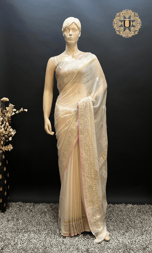 Off White Banarasi Chiffon Saree with Pastel Zari Border & Buttas U fashion