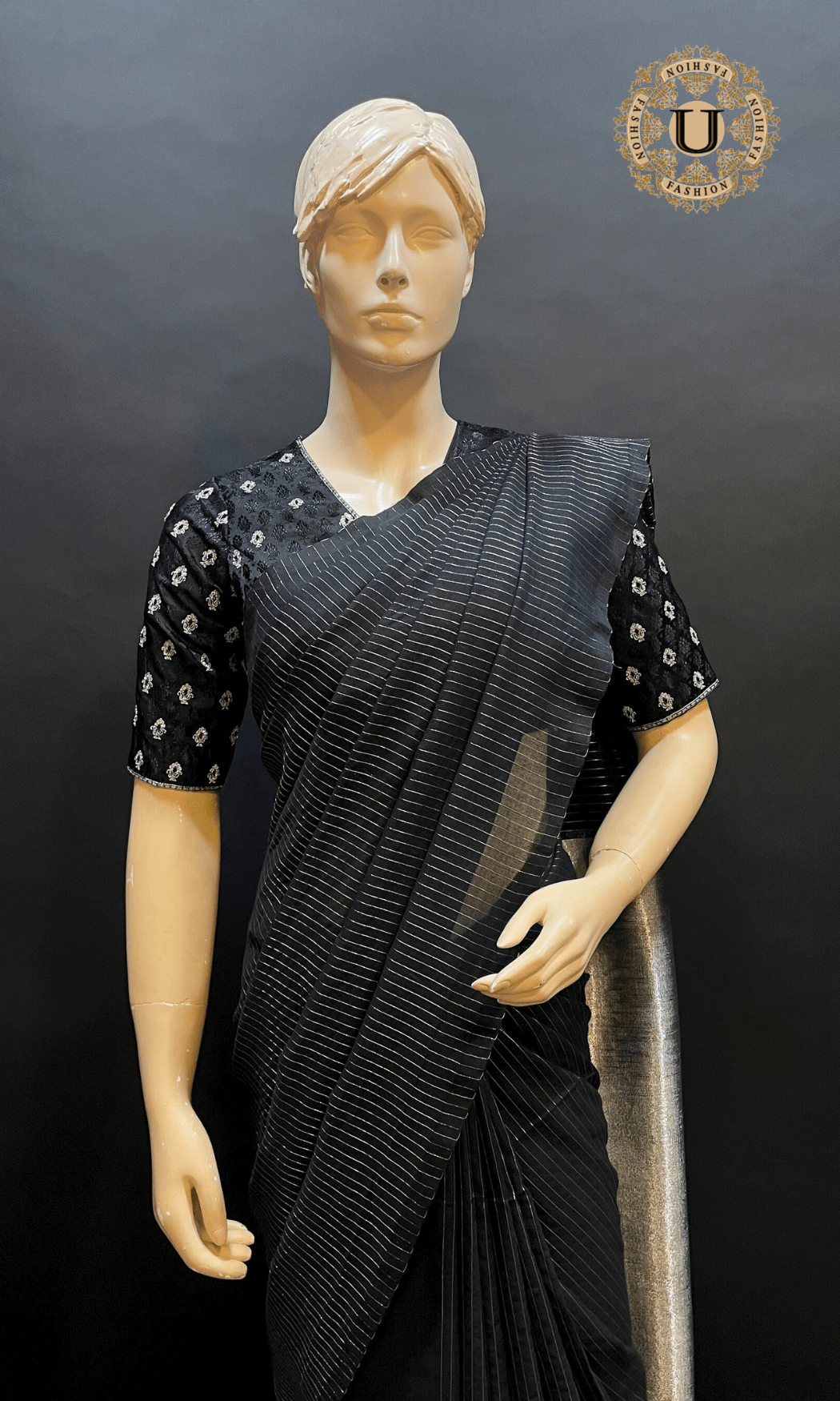 Black with Silver stripes Mul Cotton Saree U fashion