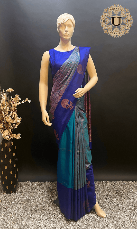 Turquoise with Ink Blue Woven Silk Saree U fashion