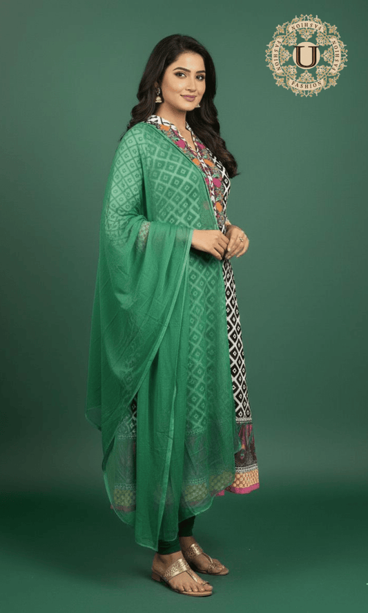 Green and White Printed Thread Emroidered A Line Kurti Set M U fashion