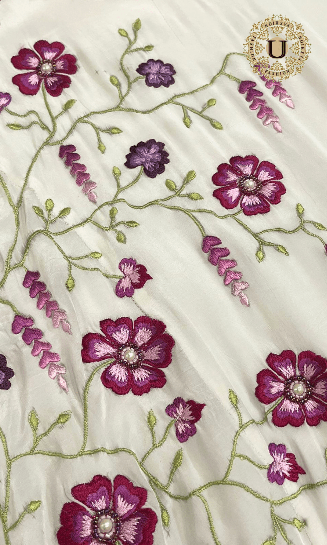 White Bamboo Silk Suit Set with Purple Floral Embroidery White U fashion