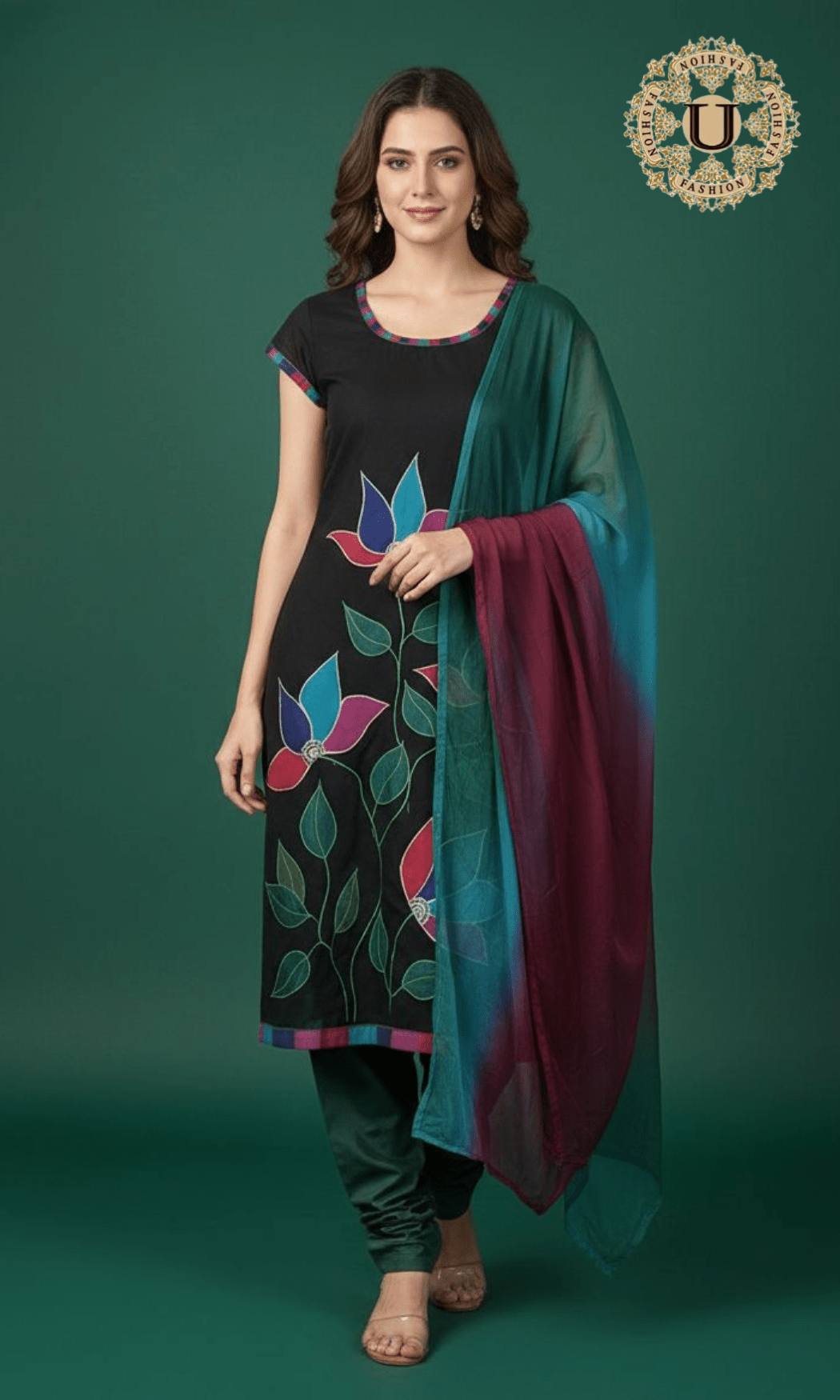 Black Cotton Applique Churidar Suit Set U fashion